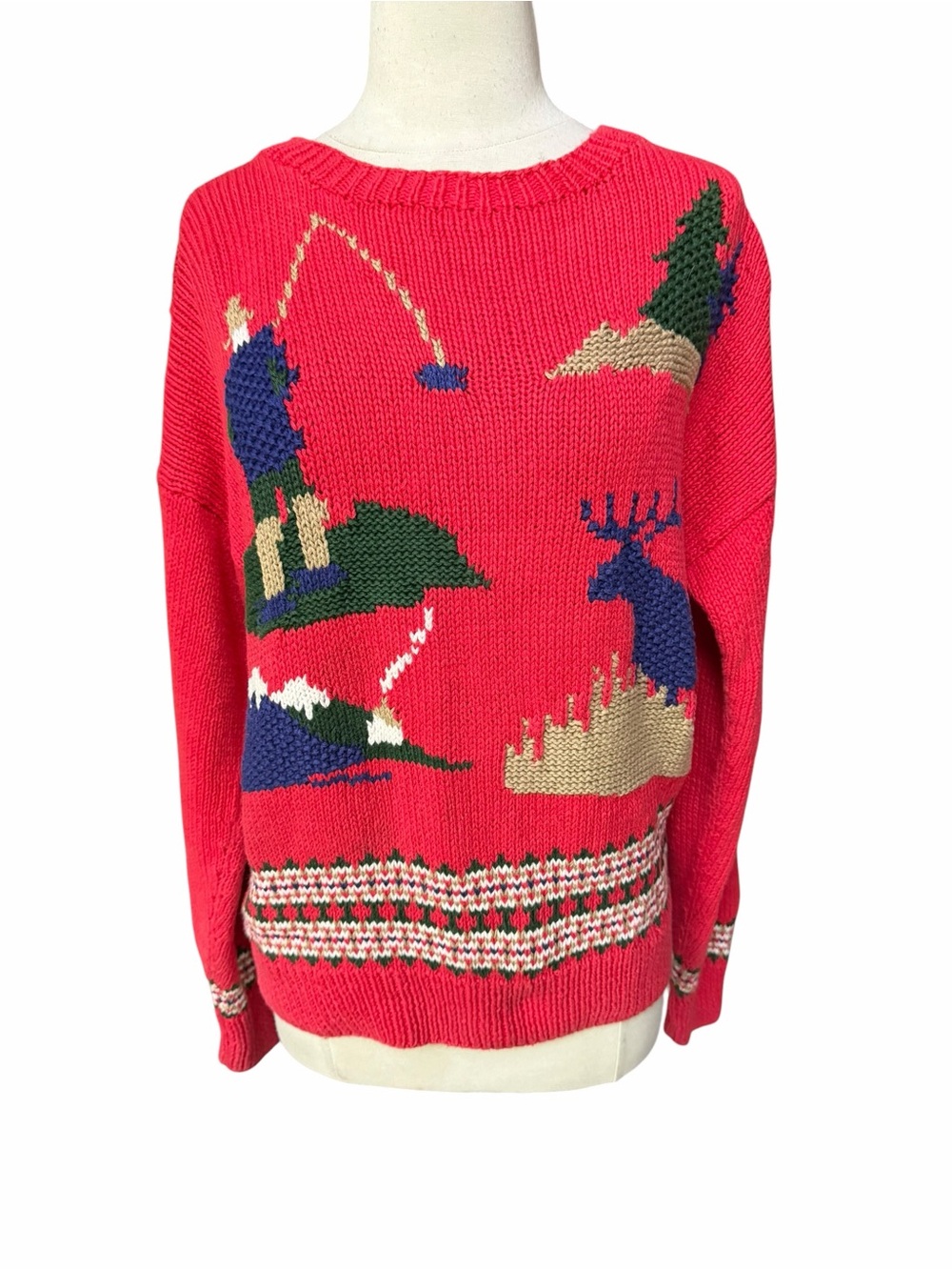 1980s/Early 90s Robert Scott Ltd Ramie/Cotton Scenic Intarsia-Knit Outdoor Motif